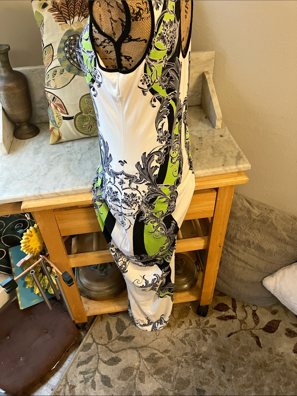 Hale Bob White, Lime & Black Printed Sleeveless Maxi Dress Gorgeous L! - Picture 5 of 11